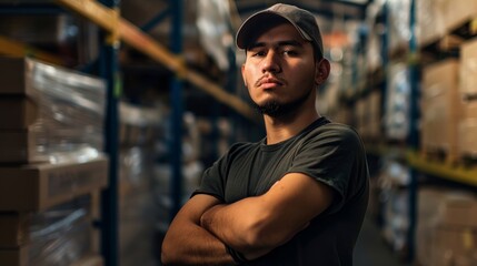 Fototapeta premium Young, Hispanic entrepreneur, proudly overseeing the efficient packing and shipping of an e-commerce product in a bustling warehouse