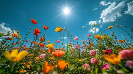 Obraz premium It is a vivid flower meadow surrounded by the sunbeams and a clear blue sky, with an array of brightly colored blooms.