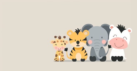 Naklejka premium =Adorable baby giraffe, tiger, elephant and zebra cartoon characters. Vector illustration for baby shower card, invitation, birthday card, party, nursery decoration.