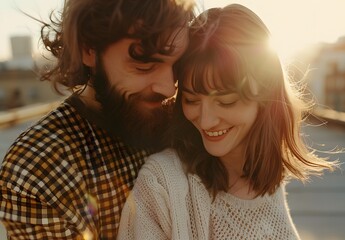 Smiling Young Couple on Rooftop at Golden Hour