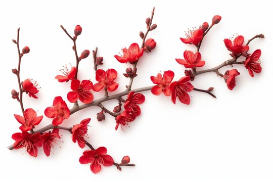 A red flower branch with red flowers on it. The branch is long and thin. The flowers are red and are arranged in a way that they look like they are growing out of the branch. The image has a serene - Powered by Adobe