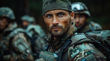 Obraz premium IG58 shows determination and professionalism in a soldier wearing camouflage, showing seriousness and focus.