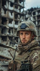 Obraz premium A portrait of a soldier standing in front of destroyed high-rise buildings, capturing the resilience and determination amidst the devastation of war