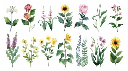Naklejka premium Watercolor wildflower collection. Watercolor floral clipart featuring a variety of wildflowers in a rustic, hand-painted style.