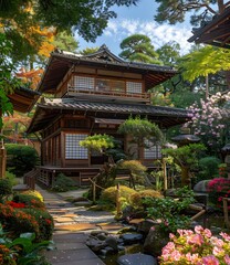 Fototapeta premium Traditional Japanese Tea House in Autumn Garden