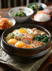 Steaming Stone Pot with Eggs and Salmon