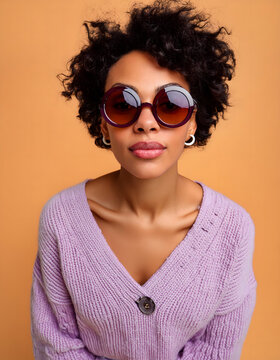 Italienerin, latina, frau, tr&auml;gt, lila, pullover, mit, sonnebrille, model, infront, on, a, solid, orange, hintergrund, stdio, aufnahme, herbstlich, oktober, posing, pose, sch&ouml;nheit, braun, isoliert