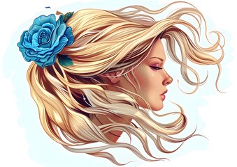 Blonde Woman with Blue Rose in Hair, Vector Clipart