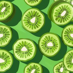Fototapeta premium Kiwi slices, green and juicy, flat design illustration