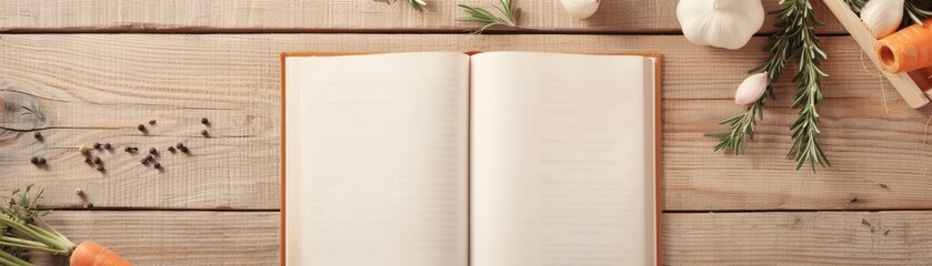 Open book on rustic wooden background with sprigs of rosemary.