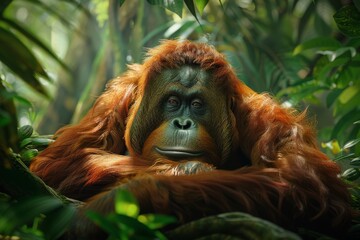 A realistic orangutan seated in a lush tropical forest, displaying detailed features and immersed in its natural habitat. The photograph captures a serene and contemplative expression.






