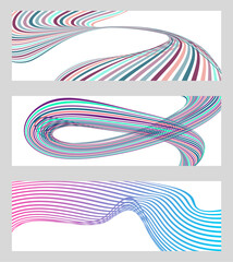 Wavy lines or ribbons. Set of 3 backgrounds. Multicolored striped gradient. Creative unusual background with abstract gradient wave lines to create a trendy banner, poster. vector eps