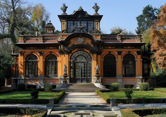 Fototapeta premium A beautiful pavilion with statues and a garden