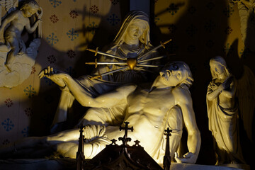 Pieta (Madonna of Seven Sorrows). The blessed Virgin Mary holding Jesus Christ body. Piéta (Madone...