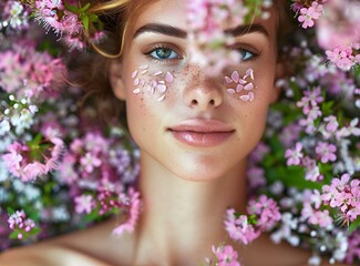 Obraz premium An ethereal portrait of a young woman surrounded by delicate pink blossoms.