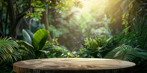 Wood tabletop podium floor in outdoors tropical garden forest blurred green leaf plant nature background.Natural product placement pedestal stand display,jungle paradise concept. High quality photo