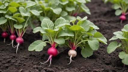 Vibrant Harvest Closeup of Radishes Growing in Lush Greenery