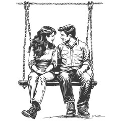 young couple sitting on a swing with engraving style