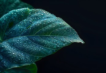 Obraz premium Close-up Dew Drops On Green Leaf, Black Background