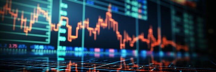 Close up macro shot of blue stock market trading chart with candlestick graphs for data analysis