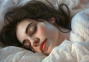 Obraz premium Close-up of a Woman's Face Sleeping in Bed with White Background