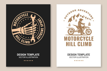 Motorcycle hill climb posters. Vector. Extreme sport template with motorcycle, hand holding wrench.