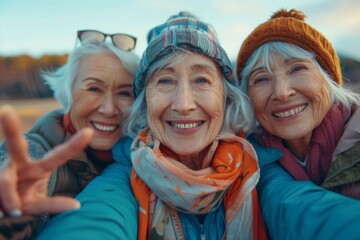 Three elderly women smiling and taking a selfie together outdoors. Friendship and senior lifestyle concept