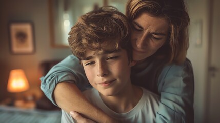 Obraz premium teenage boy with a furrowed brow hugging his mother, tender and heartfelt, selective focus, motherly love theme, dynamic, fusion, softly lit room backdrop