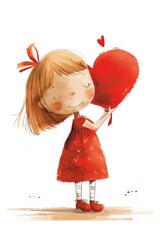 Watercolor drawing of a young girl in a red dress holding a red heart. On a white background. Valentine's Day.