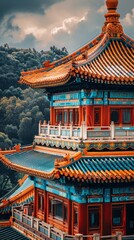 Traditional Chinese architectural details on a historical building, highlighting ornate carvings, curved rooflines, and rich, vibrant colors that reflect ancient craftsmanship