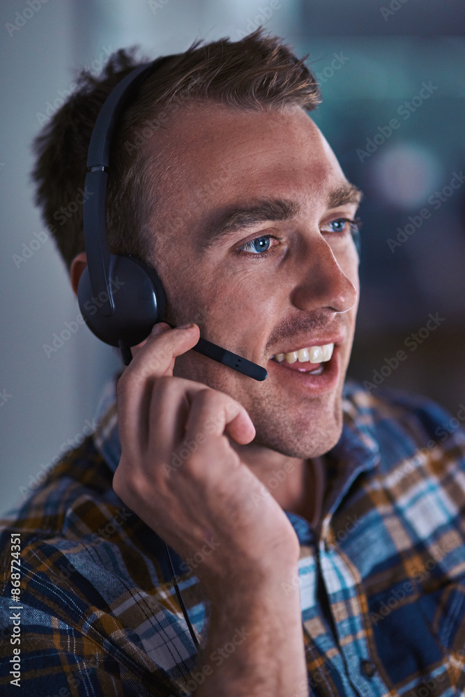 Poster man, speaking and headset in call centre office, business and inbound calls with customer service fo