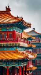 Traditional Chinese architectural details on a historical building, highlighting ornate carvings, curved rooflines, and rich, vibrant colors that reflect ancient craftsmanship