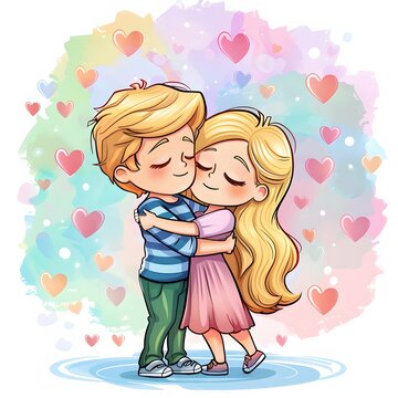 recommend clip art: Cute Cartoon Couple Hugging with Pastel Hearts Background