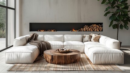 Natural wood tree stump coffee table near corner sofa. Room with panoramic windows and fireplace.