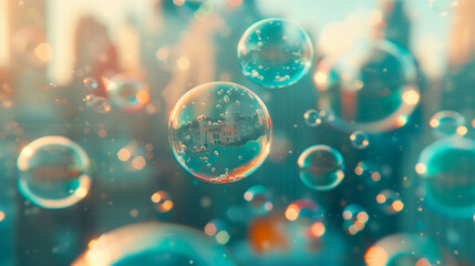 Floating soap bubbles with reflections of city buildings in the background