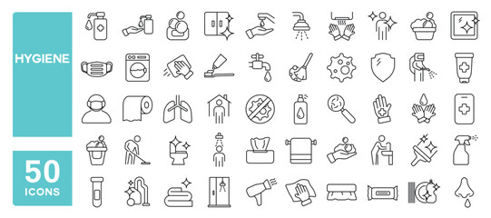 Set of 50 line icons related to hygiene, cleaning, hand washing, soap, prevention, Editable stroke. Vector illustration