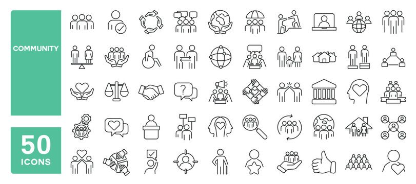 Set of 50 line icons related to community, people group, social responsibility, love friendship, population, Editable stroke. Vector illustration
