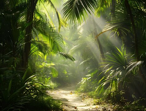 Fototapeta Sunbeams Through Dense Jungle Path in Thailand