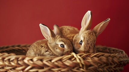 Obraz premium Little rabbit and curious baby bunny relaxing on a basket in a red background very detailed and realistic shape