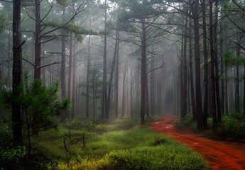 Fototapeta premium Foggy Pine Forest Path with Red Dirt