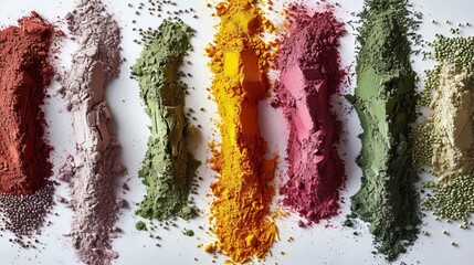 Fototapeta premium An array of colorful spices and herbs arranged in neat lines on a white background,