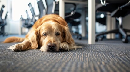 A golden retriever dog lies peacefully on a carpeted office floor, surrounded by office chairs. The dogs calm demeanor and relaxed posture create a sense of tranquility in the workspace
