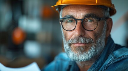 An engineer stands in a hard hat with blueprints in hand on a neutral background. They appear focused and determined.
