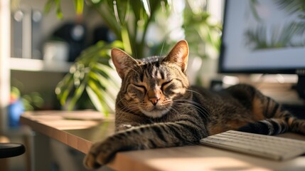 A tabby cat peacefully napping on a desk in a home office, with sunlight shining on its fur from a window