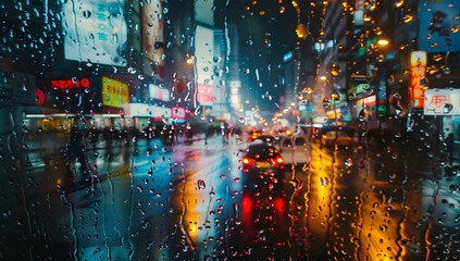 Naklejka premium Rainy Night Cityscape Through Window