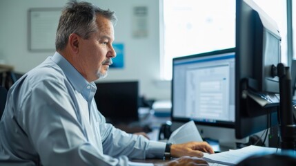 Obraz premium A close-up shot of a businessman working at his desk in a corporate office setting, focusing on his computer screen and papers