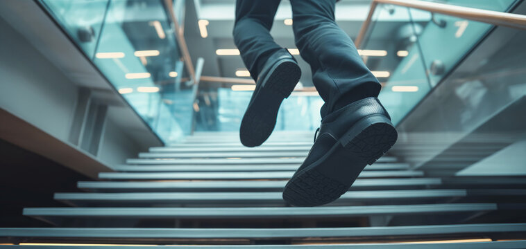 Young businessman feet sprinting up stairs office middle image