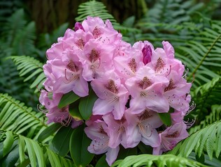 Obraz premium Pink Rhododendron Flowers in Full Bloom with Ferns