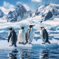 Fototapeta premium An iceberg surrounded by white ice and a blue sky is home to penguins, who dive, pose for photos, and play.