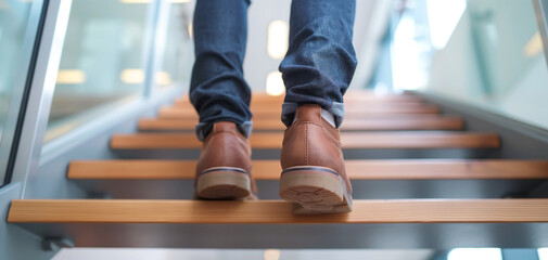 Fototapeta premium Young businessman feet sprinting up stairs office middle image